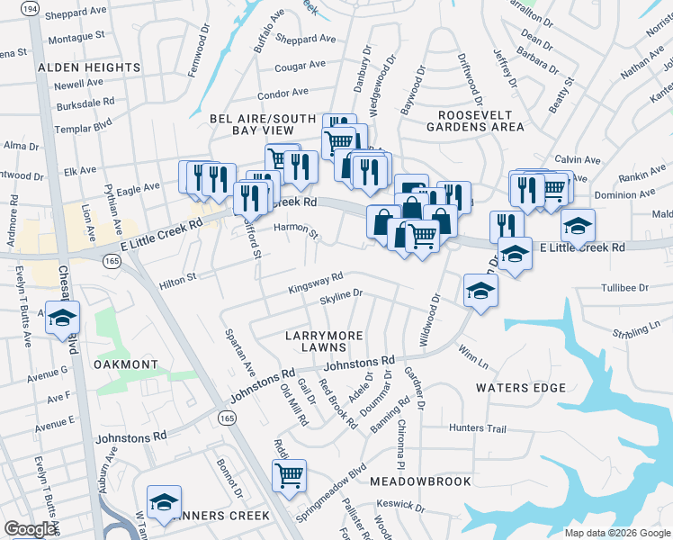 map of restaurants, bars, coffee shops, grocery stores, and more near 1710 Skyline Drive in Norfolk