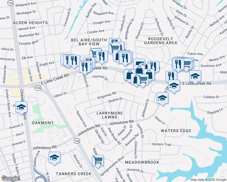 map of restaurants, bars, coffee shops, grocery stores, and more near 1710 Skyline Drive in Norfolk