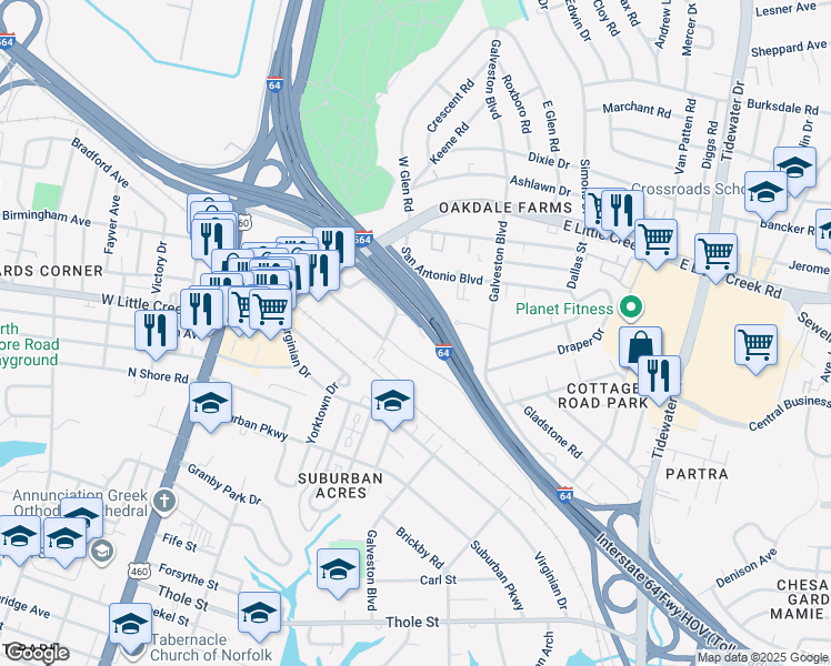 map of restaurants, bars, coffee shops, grocery stores, and more near 301 Naval Base Road in Norfolk