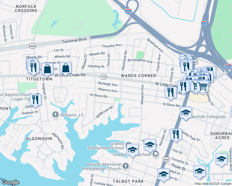 map of restaurants, bars, coffee shops, grocery stores, and more near in Norfolk