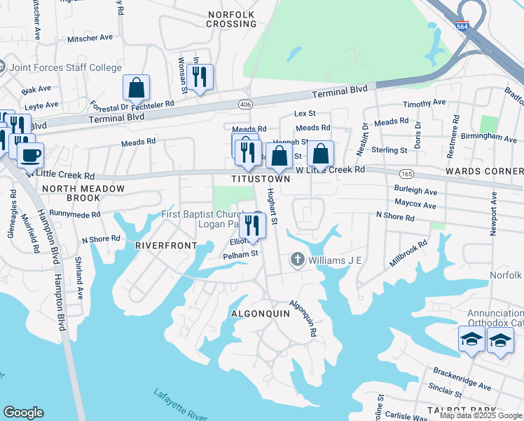 map of restaurants, bars, coffee shops, grocery stores, and more near 7518 Diven St in Norfolk