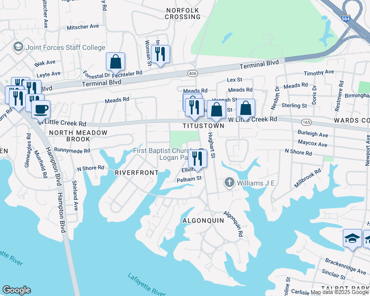 map of restaurants, bars, coffee shops, grocery stores, and more near 7521 Fargo Avenue in Norfolk