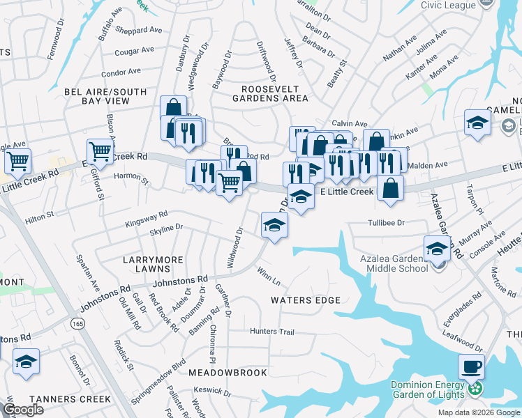 map of restaurants, bars, coffee shops, grocery stores, and more near 7708 Bergen Street in Norfolk