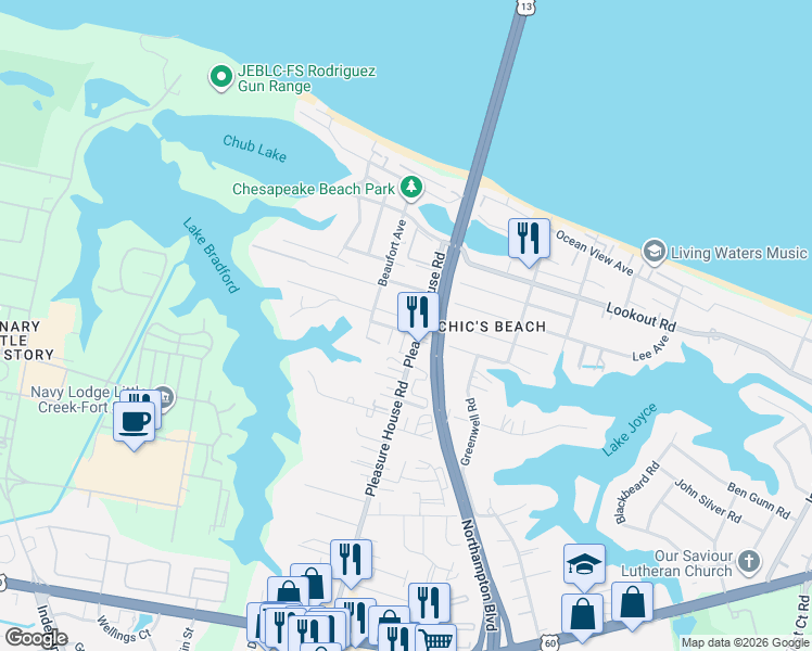 map of restaurants, bars, coffee shops, grocery stores, and more near 2400 Courtyard Lane in Virginia Beach
