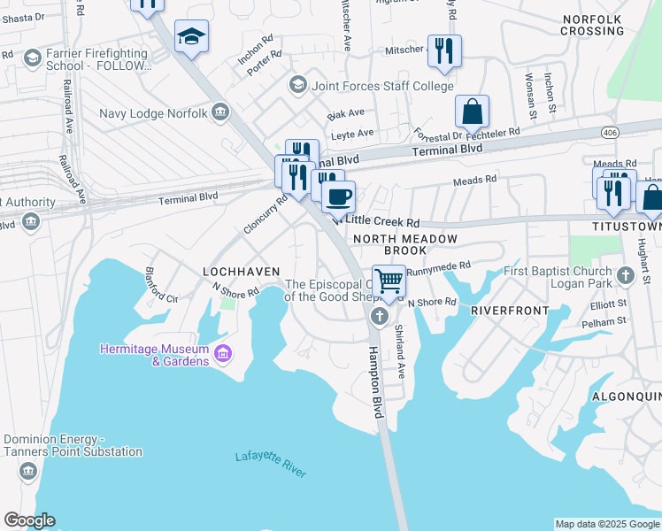 map of restaurants, bars, coffee shops, grocery stores, and more near 7440 Muirfield Road in Norfolk