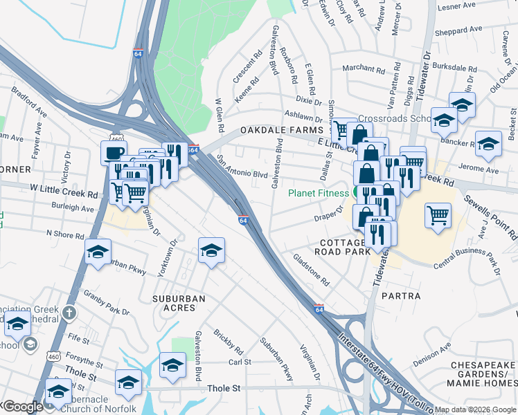 map of restaurants, bars, coffee shops, grocery stores, and more near 7515 Galveston Boulevard in Norfolk