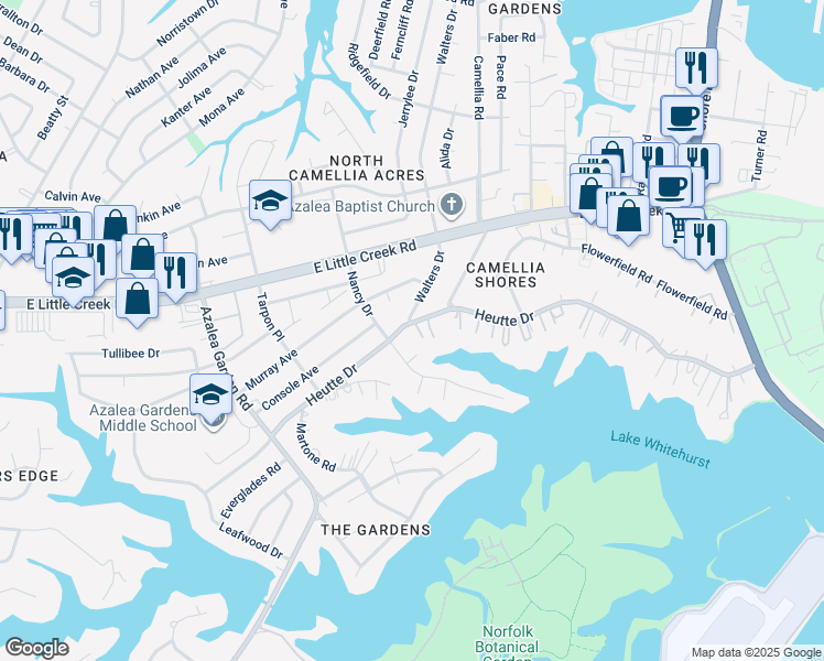 map of restaurants, bars, coffee shops, grocery stores, and more near 2917 Heutte Drive in Norfolk