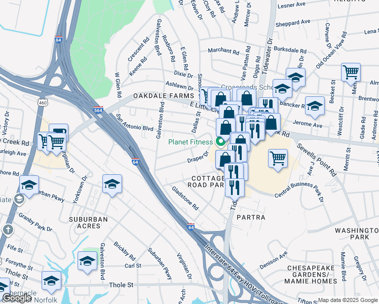 map of restaurants, bars, coffee shops, grocery stores, and more near 427 MacDonald Rd in Norfolk