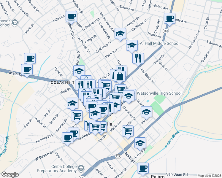 map of restaurants, bars, coffee shops, grocery stores, and more near 18 Jefferson Street in Watsonville