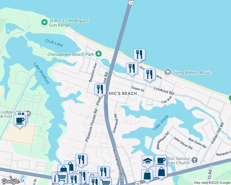 map of restaurants, bars, coffee shops, grocery stores, and more near 4637 Guam Street in Virginia Beach