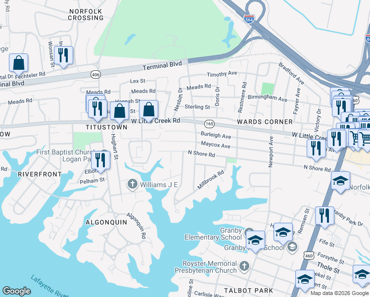 map of restaurants, bars, coffee shops, grocery stores, and more near 608 Maycox Avenue in Norfolk