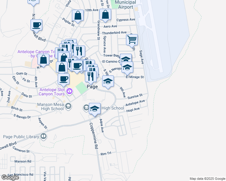 map of restaurants, bars, coffee shops, grocery stores, and more near 255 South Lake Powell Boulevard in Page