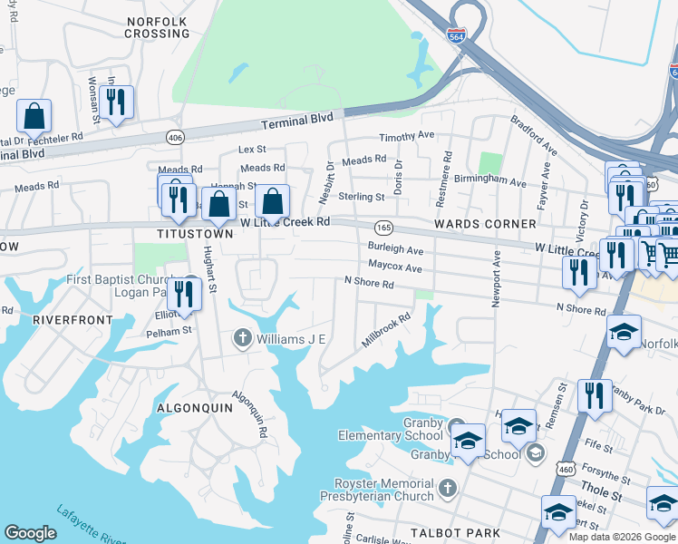 map of restaurants, bars, coffee shops, grocery stores, and more near 608 Maycox Avenue in Norfolk