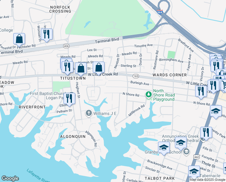 map of restaurants, bars, coffee shops, grocery stores, and more near 622 Maycox Avenue in Norfolk