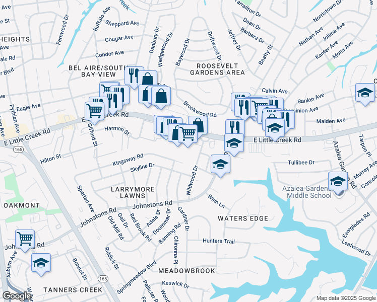 map of restaurants, bars, coffee shops, grocery stores, and more near 1859 East Little Creek Road in Norfolk
