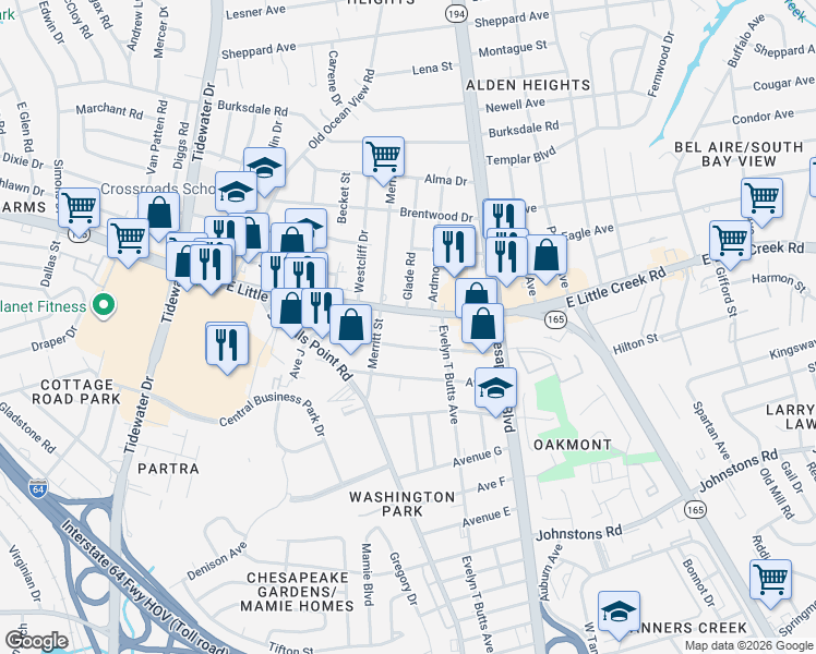 map of restaurants, bars, coffee shops, grocery stores, and more near 919 East Little Creek Road in Norfolk