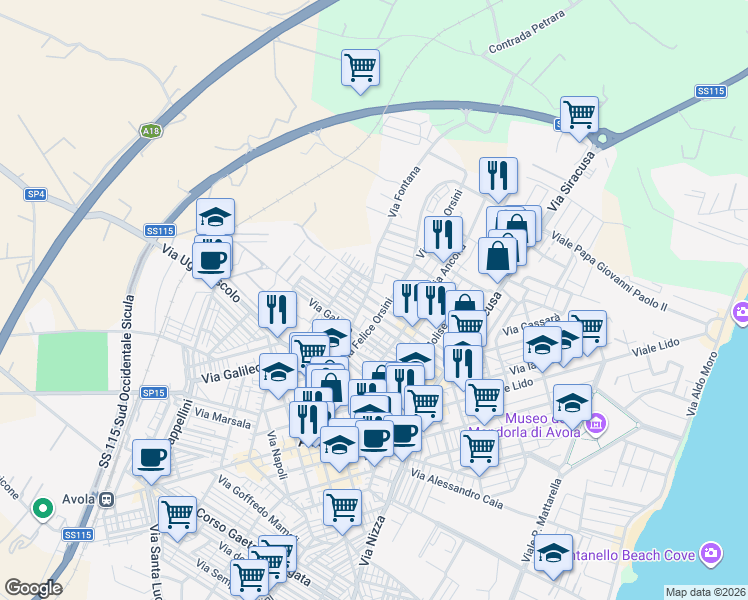 map of restaurants, bars, coffee shops, grocery stores, and more near 4 Piazza San Sebastiano in Avola