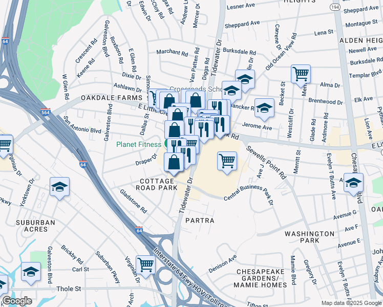 map of restaurants, bars, coffee shops, grocery stores, and more near 1429 Hambledon Loop in Norfolk