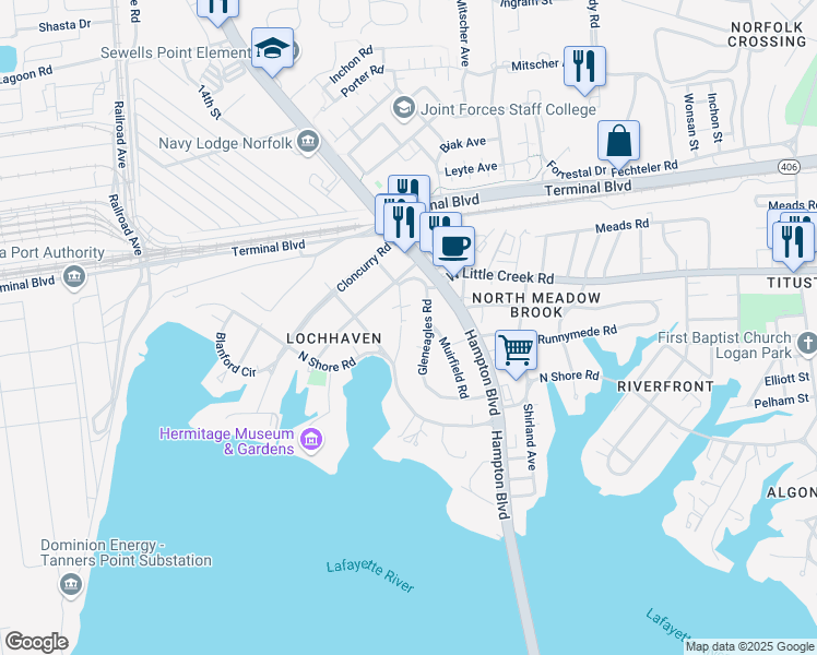 map of restaurants, bars, coffee shops, grocery stores, and more near 7624 Maury Arch in Norfolk