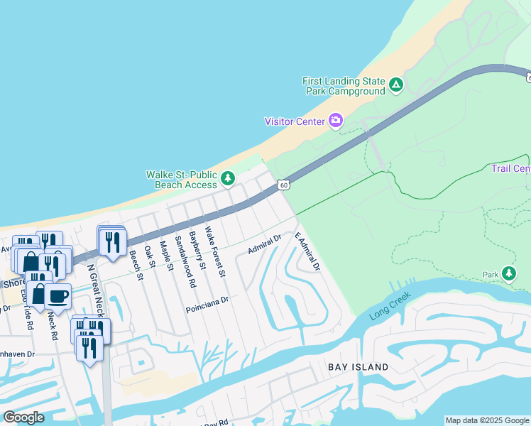 map of restaurants, bars, coffee shops, grocery stores, and more near 2577 Shore Drive in Virginia Beach
