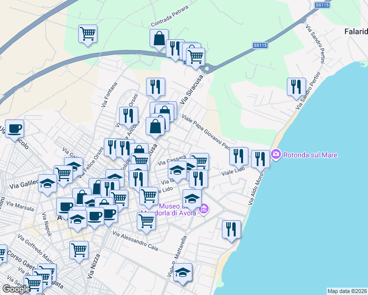 map of restaurants, bars, coffee shops, grocery stores, and more near 6 Via Mons. Giuseppe Vizzini in Avola