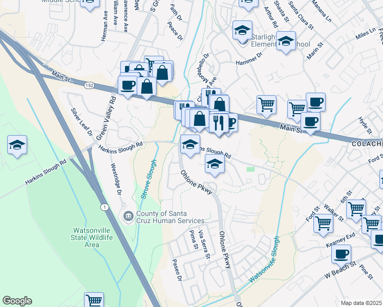 map of restaurants, bars, coffee shops, grocery stores, and more near 165 Harkins Slough Road in Watsonville