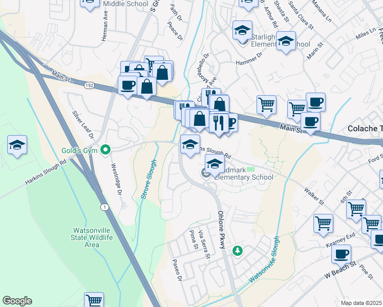 map of restaurants, bars, coffee shops, grocery stores, and more near 165 Harkins Slough Road in Watsonville