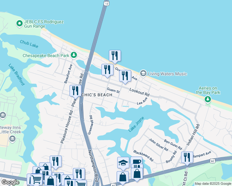 map of restaurants, bars, coffee shops, grocery stores, and more near 4505 Guam Street in Virginia Beach