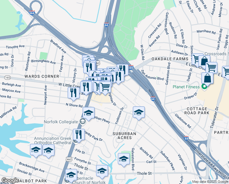map of restaurants, bars, coffee shops, grocery stores, and more near 217 Virginia 165 in Norfolk