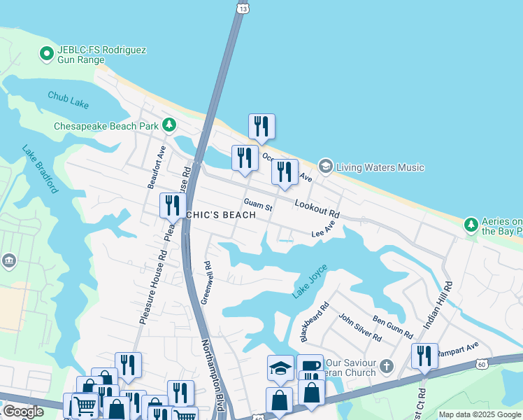 map of restaurants, bars, coffee shops, grocery stores, and more near 4509 Guam Street in Virginia Beach
