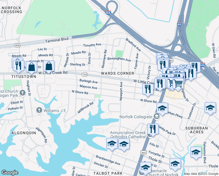map of restaurants, bars, coffee shops, grocery stores, and more near 414 Burleigh Avenue in Norfolk