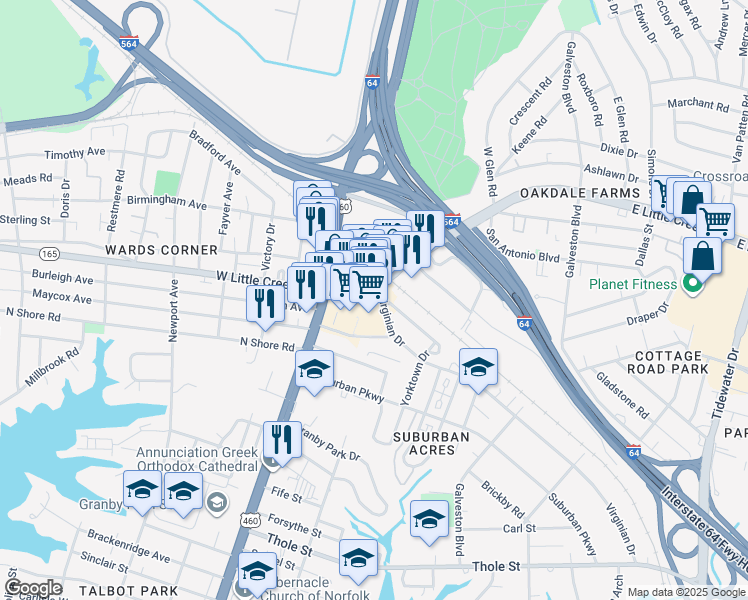 map of restaurants, bars, coffee shops, grocery stores, and more near 7550 Granby Street in Norfolk