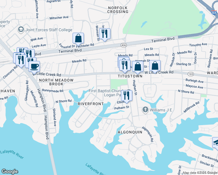 map of restaurants, bars, coffee shops, grocery stores, and more near 1301 Paul Street in Norfolk