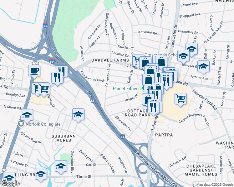 map of restaurants, bars, coffee shops, grocery stores, and more near 416 Macdonald Road in Norfolk