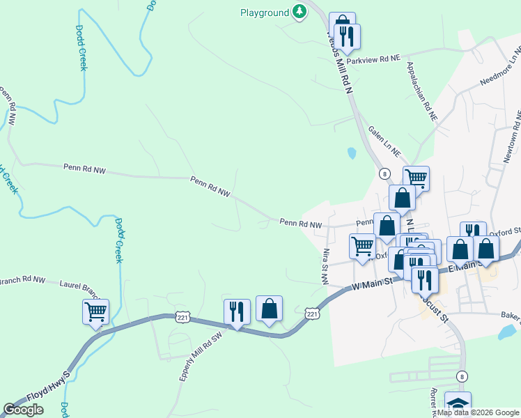 map of restaurants, bars, coffee shops, grocery stores, and more near 230 Penn Road Northwest in Floyd