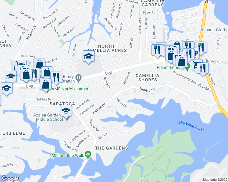 map of restaurants, bars, coffee shops, grocery stores, and more near 7710 Nancy Drive in Norfolk