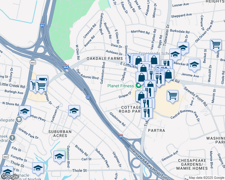 map of restaurants, bars, coffee shops, grocery stores, and more near 418 Macdonald Road in Norfolk