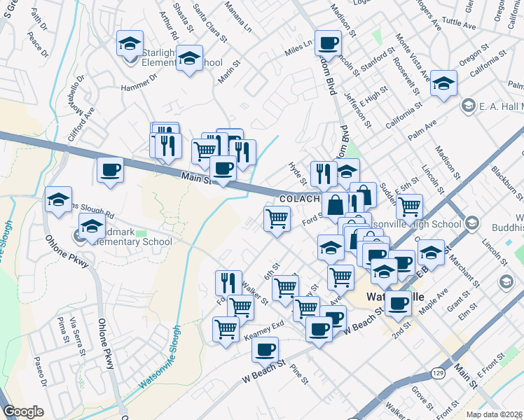 map of restaurants, bars, coffee shops, grocery stores, and more near 925 Main Street in Watsonville