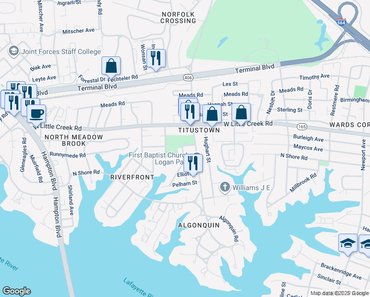 map of restaurants, bars, coffee shops, grocery stores, and more near 1129 Paul Street in Norfolk