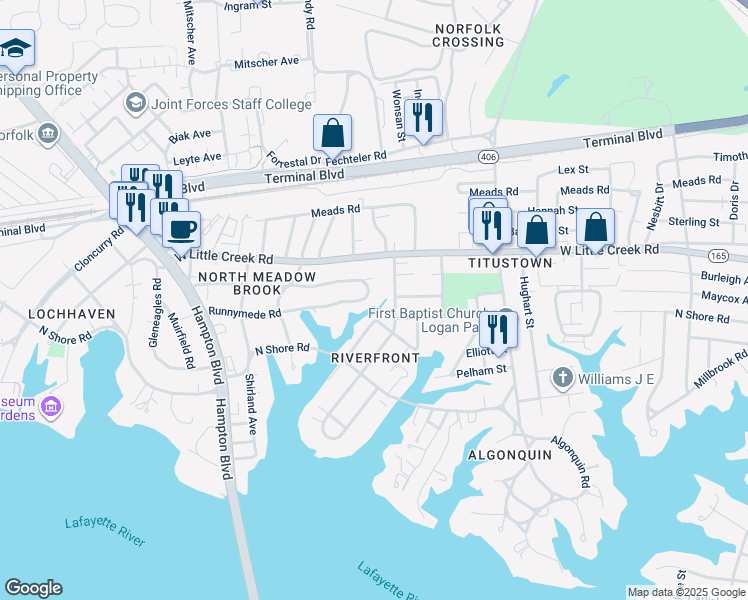 map of restaurants, bars, coffee shops, grocery stores, and more near 1407 Runnymede Road in Norfolk