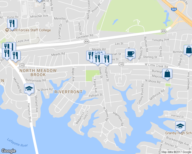 map of restaurants, bars, coffee shops, grocery stores, and more near 1129 Paul Street in Norfolk
