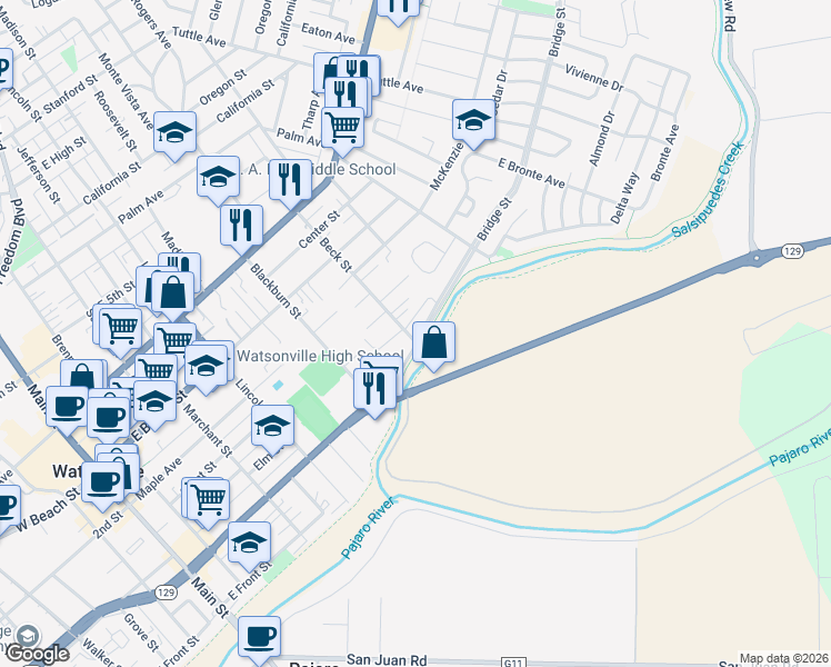 map of restaurants, bars, coffee shops, grocery stores, and more near 450 Beck Street in Watsonville