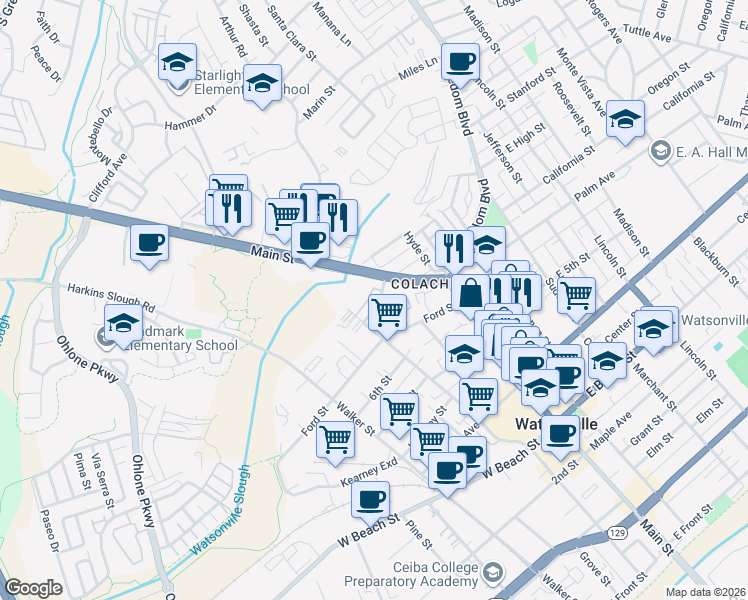 map of restaurants, bars, coffee shops, grocery stores, and more near in Watsonville