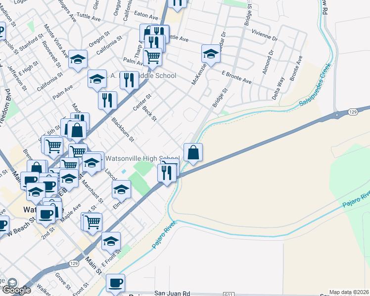 map of restaurants, bars, coffee shops, grocery stores, and more near 450 Beck Street in Watsonville