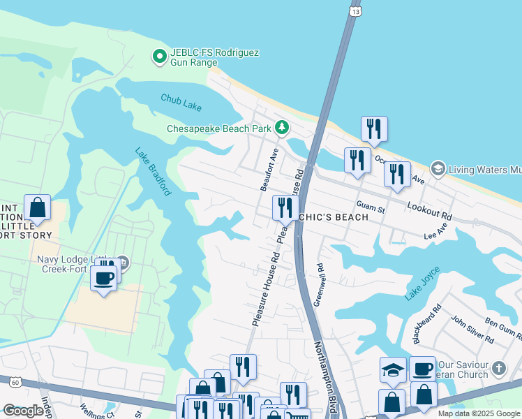 map of restaurants, bars, coffee shops, grocery stores, and more near 2430 Beaufort Avenue in Virginia Beach