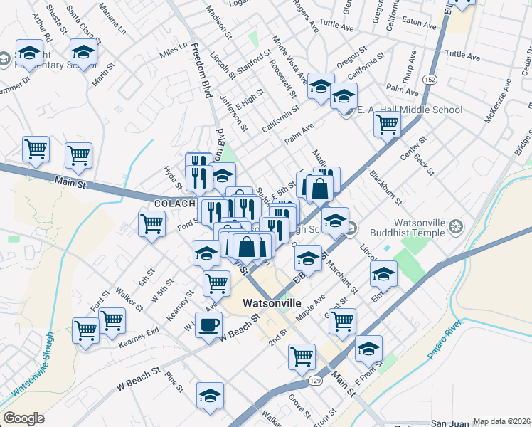 map of restaurants, bars, coffee shops, grocery stores, and more near 115 East 5th Street in Watsonville