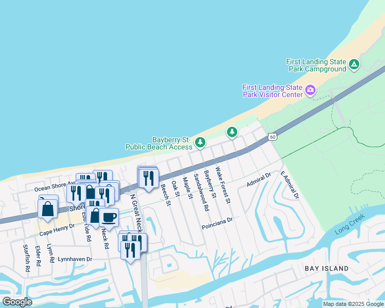 map of restaurants, bars, coffee shops, grocery stores, and more near 2310 Sandalwood Road in Virginia Beach