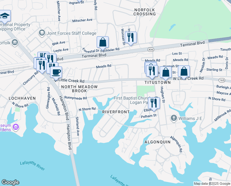 map of restaurants, bars, coffee shops, grocery stores, and more near 1407 Runnymede Road in Norfolk