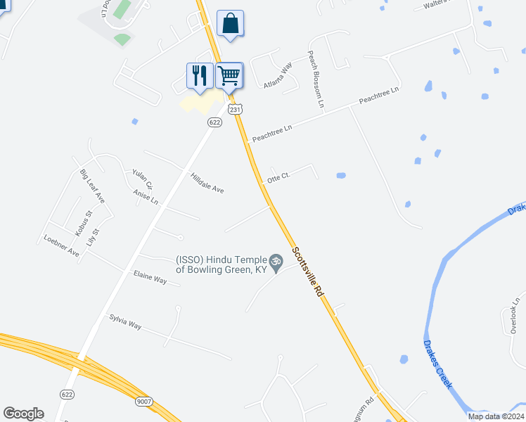 map of restaurants, bars, coffee shops, grocery stores, and more near 5893 Scottsville Road in Bowling Green