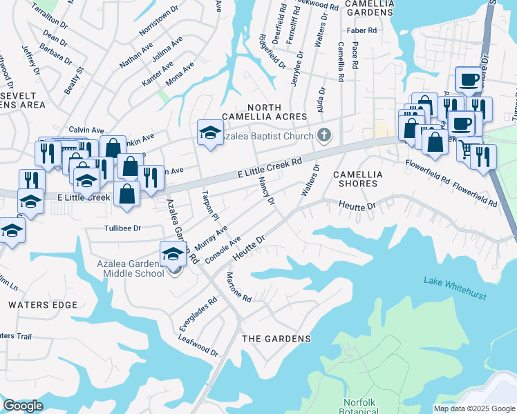 map of restaurants, bars, coffee shops, grocery stores, and more near 2757 Murray Avenue in Norfolk